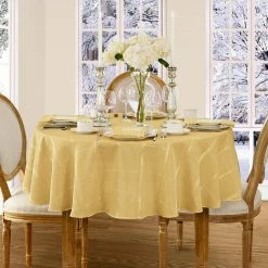 90 in. Round Ribbon Gold Elegance Plaid Damask Fabric Tablecloth by Elrene -Table Linens Shop yellows golds elrene tablecloths 21050rib 31 1000
