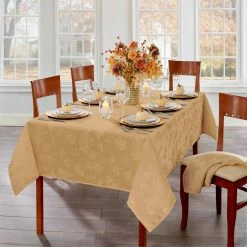 60 in. W x 84 in. L Gold Elegant Woven Leaves Jacquard Damask Tablecloth by Elrene -Table Linens Shop yellows golds elrene tablecloths 91067gld c3 1000