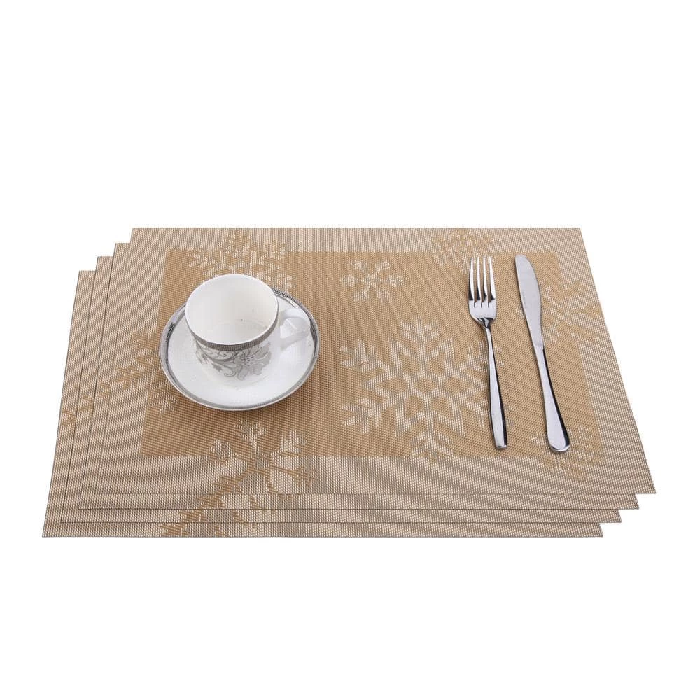 Golden Snowflakes Jacquard 12 in. x 18 in. PVC Fiber Woven Non-Slip Washable Placemat (Set of 4) by J&V TEXTILES 4 Golden Snowflakes Jacquard 12 in. x 18 in. PVC Fiber Woven Non-Slip Washable Placemat (Set of 4) by J&V TEXTILES - Image 2